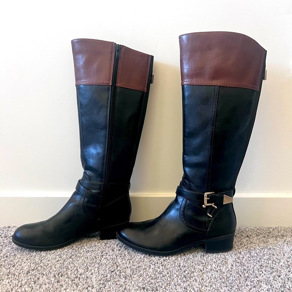 Coach And Four 2 Tone Black Brown Leather Riding Boots Size 6 - Picture 1 of 7